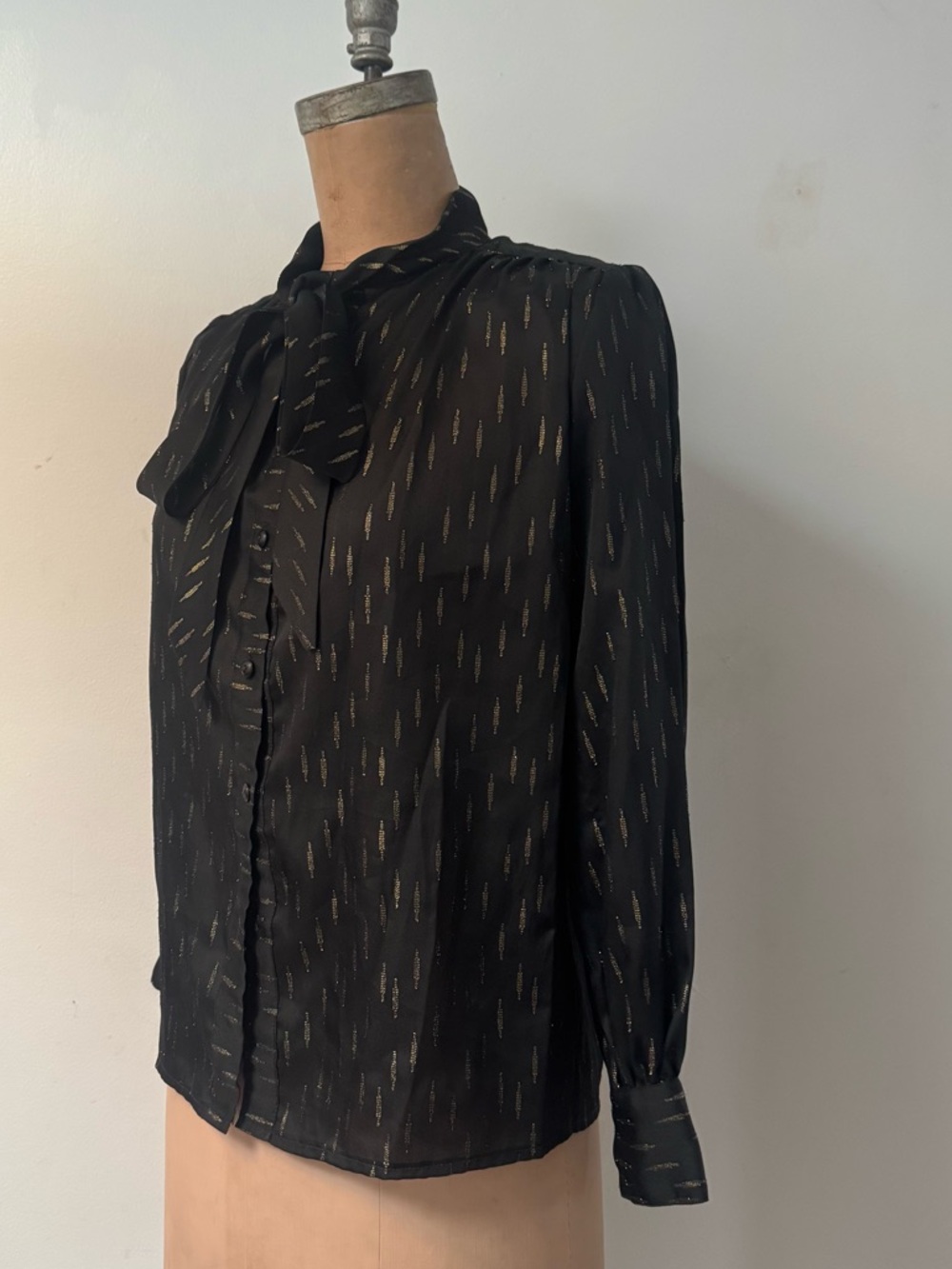 Vintage black & gold tie neck blouse made in FRANCE medium